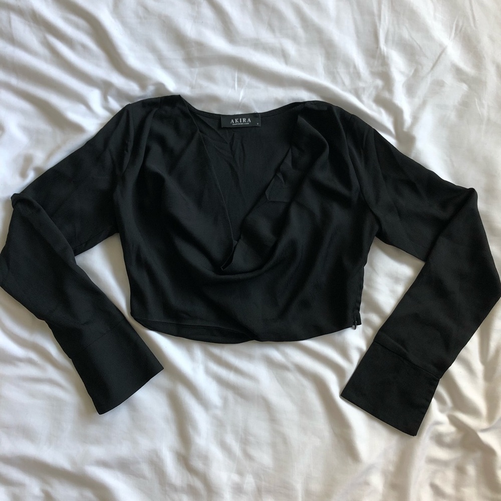 Black cowl neck long sleeve crop top